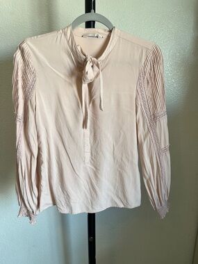 NAF NAF Blush Tie-Neck Pleated Sleeve Blouse
